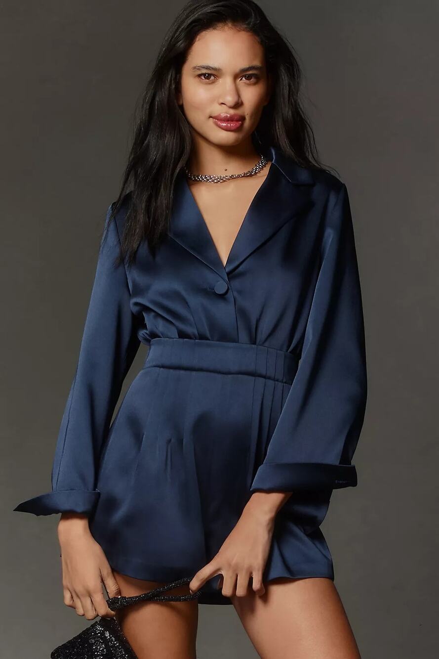 New Anthropologie x Mare Mare V-Neck Blazer Romper $188 MEDIUM Navy